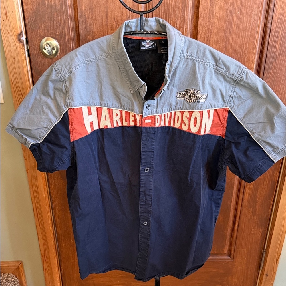 Harley Davidson Mens Colorblock Embroidered Button Up Shirt Gray Navy XL